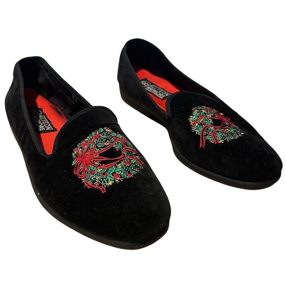 Allyson Whitmore Embroidered Holiday Christmas Wreath Size 8 Velvet Flat Shoes - Picture 1 of 8